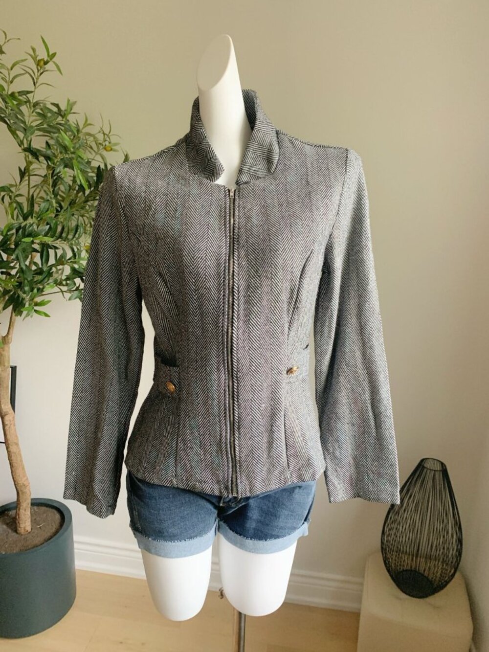 Tailored Black White Herringbone Zip Jacket Gold Button L